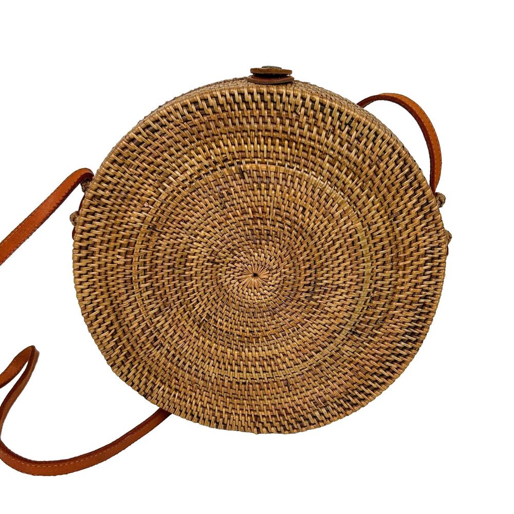 Amerii Ata Penida Rattan Round Crossbody Bag Tan Woven Straw Leather Handmade